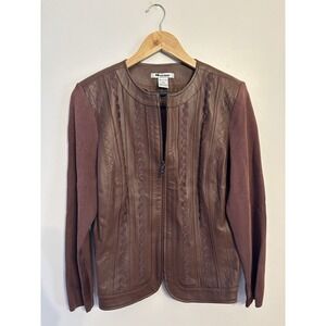 Nygard Collection Women's Brown Leather Jacket Knit Sleeves Ribbon Large Petite